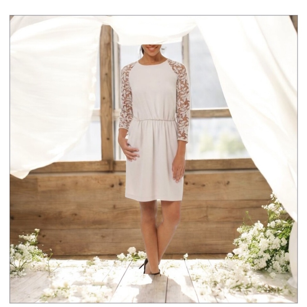 Aritzia Wilfred Libretto Dress Sz 4 -Elegant White Lace Sleeve-Creme-Tan-EUC 😍​